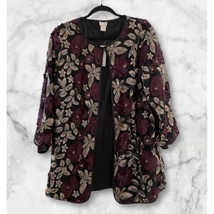 Chicos Travelers Burgundy Gold Floral Embroidered Open Front Jacket Size Large